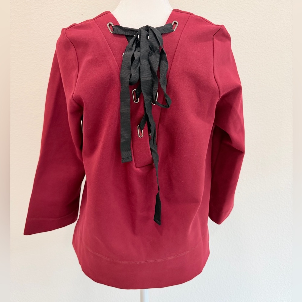 FRNCH Paris Maroon 3/4 Sleeve Top Ribbon Lace-Up Back NWT Women’s Size M/L Work - Picture 2 of 8
